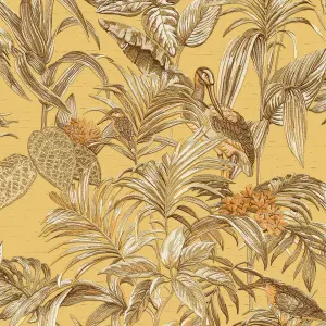 Cream Gold Tropical Wallpaper Birds Palm Textured Paste the Wall Vinyl