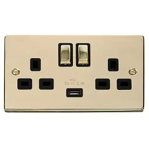 Polished Brass 2 Gang 13A DP Ingot 1 USB Twin Double Switched Plug Socket - Black Trim - SE Home