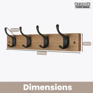 Keypak 4 Matte Black Coat Hooks on Ash Effect Wooden Board - 46cm Modern Wall Mounted Coat Rack Clothes Hanger