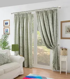 Chenille Jacquard Lined Pencil Pleat Curtains 117x229cm Green