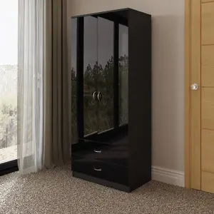 2 Door 2 Drawer Black Gloss Double Combination Wardrobe Scratch Resistant