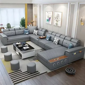 Contemporary Sofa Faux Leather U-Shaped Modular Furniture Sectionals - Light Grey