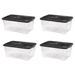 3 x Stackable & Strong Durable 42 Litre Curve Plastic Storage Boxes With Black Lids For Home & Office