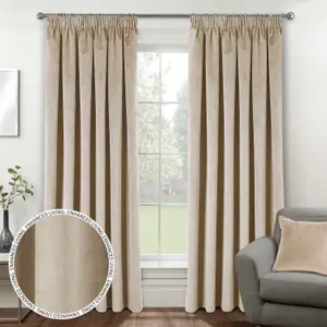 Luxury Enhanced Living Cream Velvet, Supersoft, 100% Blackout, Thermal Pair of Curtains with Tape Top - 90 x 72 inch (229x183cm)