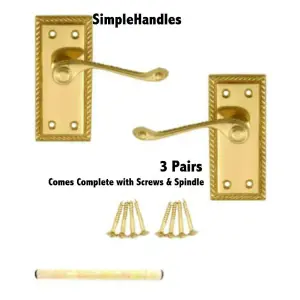 3 Pair of Polished Brass Georgian Lever Latch Hnadles 107mm x 48mm  - Golden Grace