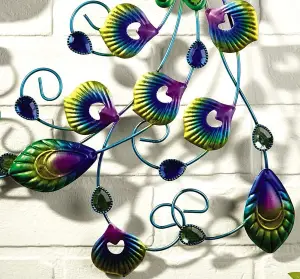 Peacock Wall Decor - Colourful Metal & Hand Painted Glass Indoor or Outdoor Home Garden Ornament Sculpture - 58 x 52 x 1cm