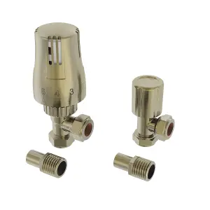 Rinse Bathrooms Thermostatic Radiator Valve 15mm x 1/2" Angled Brushed Brass Rad TRV + Lockshield