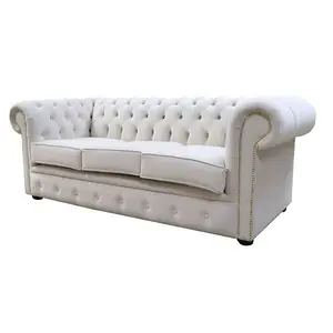 Chesterfield Handmade 3 Seater Sofa Passion Ivory Velvet Fabric In Classic Style