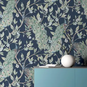 Keeka Peacock Bird Themed Vintage Wallpaper Navy Blue World of Wallpaper 946100