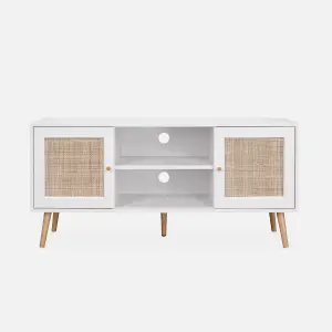 sweeek. 120cm TV stand with wooden and cane effect Boheme White 120x39x56.5 cm