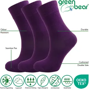 Green Bear Unisex Bamboo PURPLE Colour Socks-size 6-8 Cushioned Sole - Soft & Antibacterial - 3 Pack