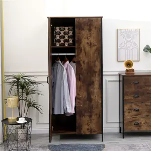 FurnitureHMD 2 Doors Wardrobe Industrial Style Wooden Clothing Storage Cabinet Hanging Rail  and Shelf