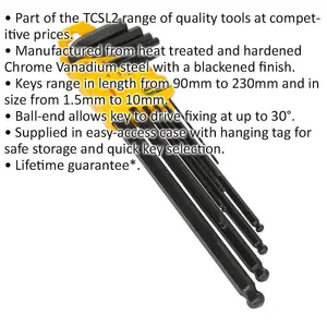 9 Piece Extra-Long Ball-End Hex Key Set - 90 - 230mm Length - 1.5 to 10mm Size