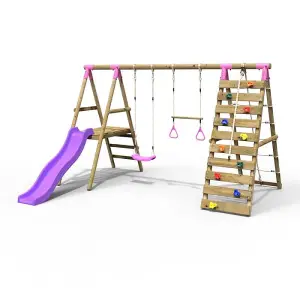 Rebo Wooden Swing Set with Deck and Slide plus Up and Over Climbing Wall - Jasper Pink