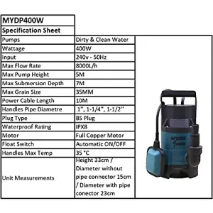 MYLEK Submersible Water Pump Electric 400W for Clean or Dirty Water with Float Switch with 5m Blue Hose