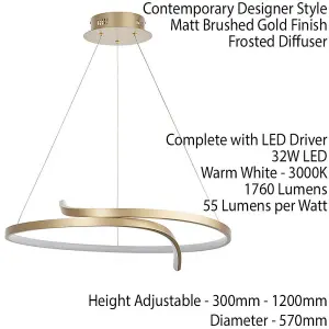 LED Ceiling Pendant Light 32W Warm White Brushed Gold Loop Feature Strip Lamp