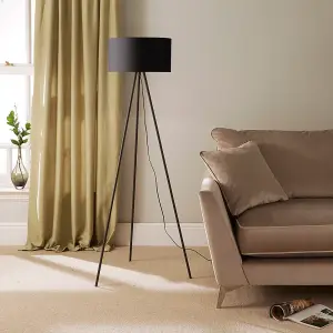 Modern Black Metal Tripod Floor Lamp with Cotton Fabric Lampshade in Black