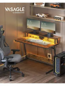 VASAGLE Gaming Desk With LED Lights And Built-In Power Outlets, Computer Desk With Monitor Shelf, Gaming Table For 2 Monitors