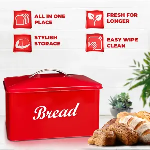 Vintage Style Bread Bin Large Stainless Steel Food Storage Retro Kitchen, Red