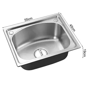 Deep Single Bowl Stainless Steel Kitchen Sink Basin with Strainer 55cm W x 48cm D x 19cm H