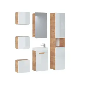 Bathroom Mirror Cabinet Mirrored Unit 400mm Wall Hung Storage Oak Effect Aruba