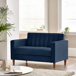 Furniturebox UK Velvet Sofa - 'Kit' 2 Seater Upholstered Navy Blue Fabric Sofa - Vertical Stitching - Modern Living Room Furniture