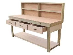 Wooden Eucalyptus hardwood top workbench, tool cabinet with drawers (V.1) (H-90cm, D-70cm, L-210cm) with back