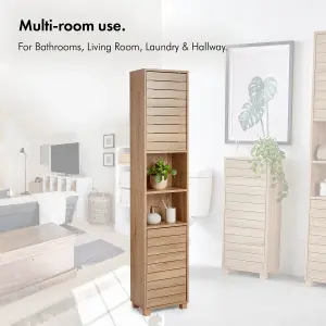 VonHaus Tall Bathroom Cabinet, Oak Wood Effect Bathroom Tallboy Unit, Slatted Bathroom Storage for Kitchen and Hallway, Chester