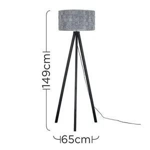 ValueLights Modern Black Wood Tripod Floor Lamp With Grey Weave Fabric Shade