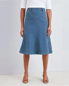 Cotton Traders Women's Jersey Denim Pull-On Midi Skirt In - Size 8