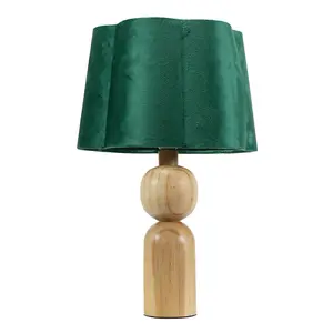 ValueLights Azalea Rustic Wooden Table Lamp with Forest Green Velvet Scallop Shade and LED Bulb