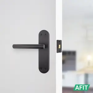 AFIT Matt Black Door Handle Latch Set - 1 Pair of Internal Lever Latch T-Bar Handles on Backplate & Latch (64mm) - Olvera Range