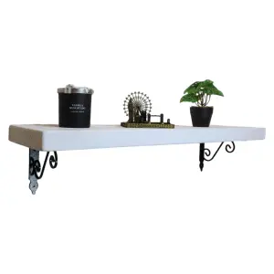 Solid Wood Handmade Rustical Shelf White 225mm 9 inch with Black Metal Bracket WOZ Length of 40cm