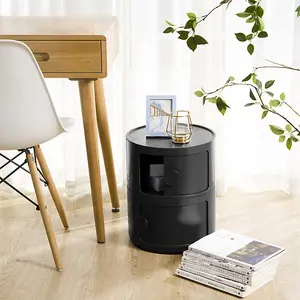 Black Round Multi Tiered Plastic Bedside Storage Drawers Unit Drawer Bedside Chest 40cm H