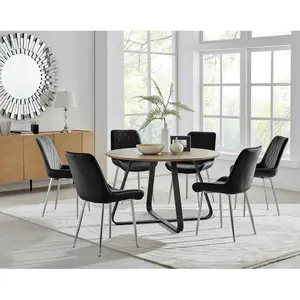 Sandy Classic Wood Effect & Metal Dining Table Set with 6 Luxury Velvet Dining Chairs Black/Silver