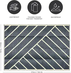 Extra Large Garden Outdoor Rug For Patio, Black & Sand Geo-Lines  Waterproof Garden Rug 180 x 270cm