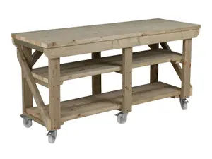 Indoor/outdoor workbench pressure treated station (H-90cm, D-64cm, L-180cm) double shelf and wheels