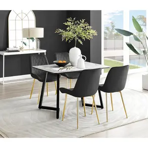 Industrial Design Grey & White Marble Effect Melamine Dining Table Set with 4 Luxury Velvet Chairs Black/Gold