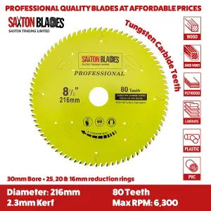 Saxton TCT21680TPRO Professional Range TCT Circular Blade 216mm x 80 Teeth x 20mm bore 16, 20, 25mm Ring