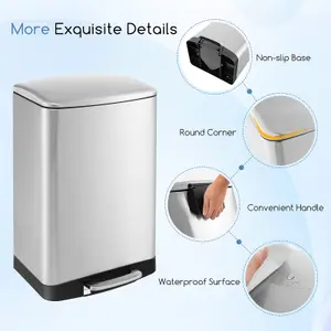 Costway 50L Trash Can Stainless Steel Pedal Garbage Can Lock Device Stay Open Trash Bin