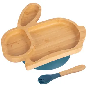 Bamboo Rabbit Baby Weaning Plate & Fork Set - Navy Blue