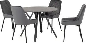 Athens Round Dining Set Grey Velvet Chairs Concrete Effect Black