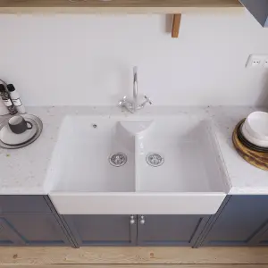 895mm - Double Bowl Fireclay Butler Kitchen Sink - Stepped Weir, Mixer Tap & Wastes