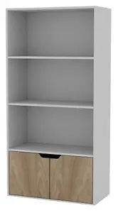 URBNLIVING Height 118Cm 4 Tier Wooden Bookcase Cupboard with Doors Storage Shelving Display Colour Grey Door Oak Cabinet Unit