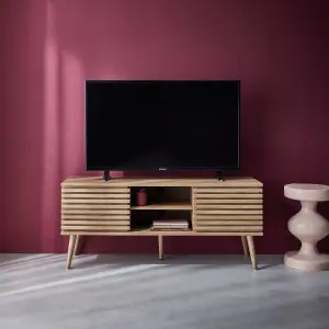 sweeek. 2-door TV stand with grooved wood effect Madere Natural 120x39x51.5 cm