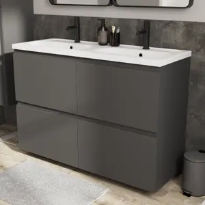 GoodHome Levanna Wide Matt Grey Double Freestanding Bathroom Cabinet (H) 850mm (W) 1200mm