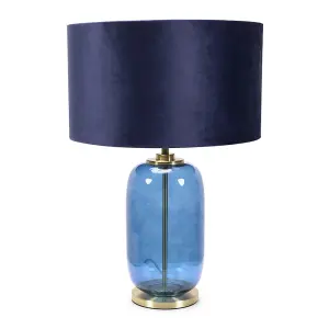 ValueLights Leigh Navy Blue Glass and Gold Detail Table Lamp with Velvet Drum Shade