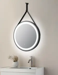 Keenware KBM-348 Aurora Round LED Black Framed Bathroom Mirror With Hook & Loop