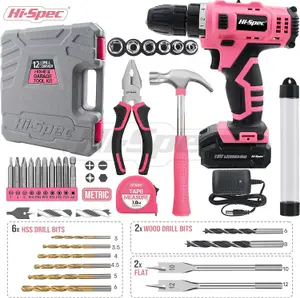 12V Pink Cordless Power Drill with Drill Bits and Screwdriver Hand Tool Set 30Pc