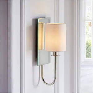 Bright Nickel Dimmable Wall Light - Vintage White Shade - Bevelled Edge Mirrored Back Plate